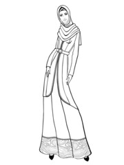 Hijab. Beautiful muslim woman in hijab with a pattern. Islamic lady in traditional clothes. Arab fashion. Young saudi girl. Vector illustration. Isolated on white background. Coloring page book