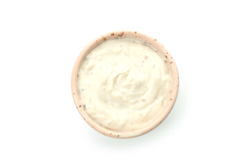 Bowl with mushroom sauce isolated on white background