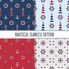 Seamless pattern. Background of marine symbols: lighthouse, steering wheel, helm, anchor. Vector illustration of nautical elements. Geometric ornament. Template for design wrapping paper, baby clothes