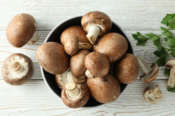 Concept of tasty food with champignon on white