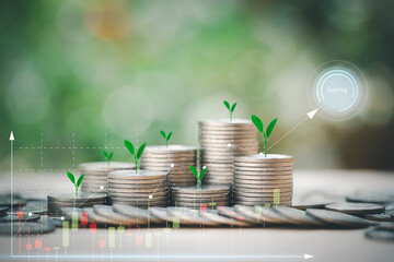 Saving money concept, stacking of coins and tree on top for Savings and Accounts, Finance Banking...