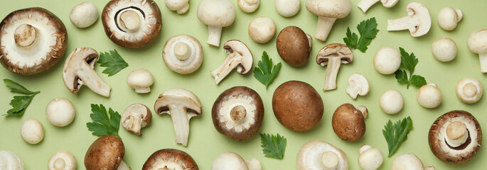 Concept of tasty food with mushroom on green