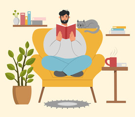Young man spending his time at home reading a book. Male sitting in a comfortable armchair with book, coffee cup and his cute cat. Relax, leisure or education concept.  Flat vector illustration.