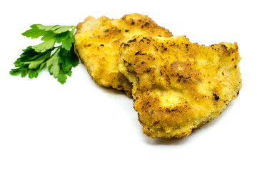 Schnitzel breaded isolated on white background