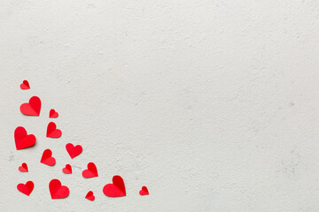 Valentine day background with red hearts, top view with copy space