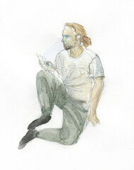 Hand drawn illustration of young man sits in a relaxed position and looks at the mobile phone. Drawing on white paper