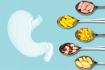 Intestine model with various nutritional supplements. Healthy digestion concept, probiotics and prebiotics