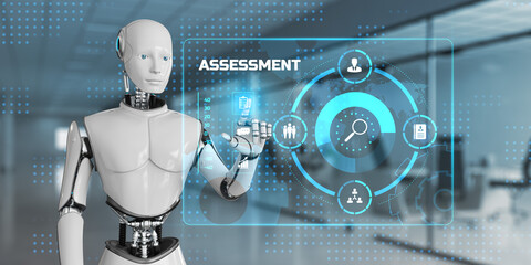 Assessment automation business and technology concept. 3d render robot pressing virtual button.