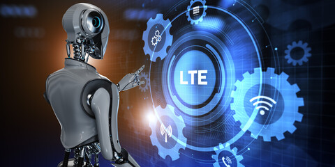LTE Wireless mobile internet concept. 3d render robot pressing virtual button.