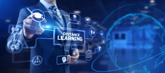 Distance education remote learning e-learning. Businessman pressing button on screen.