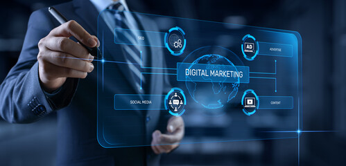 DIgital marketing online internet SEO SEM SMM. Businessman pressing button on screen.