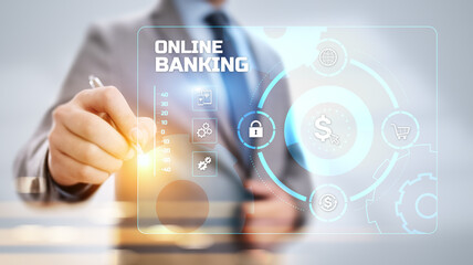Online banking e-banking digital finance technology. Businessman pressing button on screen.