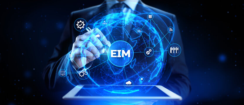 EIM Enterprise information management system. 3d render robot pressing virtual button.