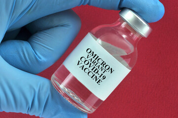 Concept de produit vaccinal contre le variant omicron dans un flacon tenue par une main gantée en...