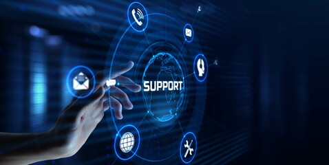 Technical support customer service guarantee quality assurance. Hand pressing button on virtual...