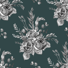 botanical pattern with black and white rose flowers drawn in watercolor and pencil in vintage style on a green background 