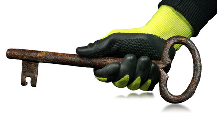 Manual worker with protective work gloves holding a large rusty ancient key, isolated on white...