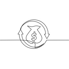 Continuous line drawing of money bag with arrow, object one line single line art, vector illustration