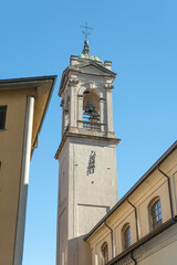 The bell tower of the church of the Assumption (or the Assunta) in the city center of Sesto San Giovanni, municipality of Milan, Lombardy region, Italy