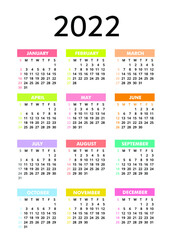Year 2022 colorful calendar template vector illustration. Week starts sunday.