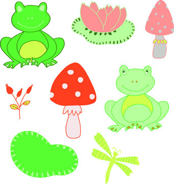 Green frogs, toadstools, dragonfly, lily pads, tree branch line drawing vector illustration. Coloured in green, red, pink on white background.