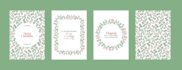 Merry Christmas and Happy New Year Set of backgrounds, greeting cards, posters, holiday covers. Christmas tree, balls, stars, sequins and elegant lettering. Trendy templates