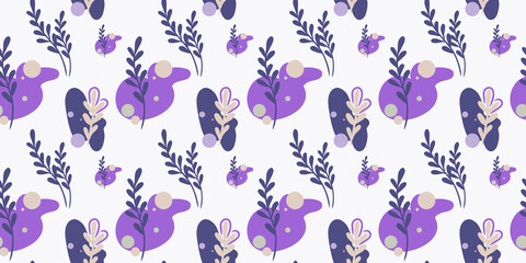 Very peri beautiful art seamless pattern with abstract leaves and shapes. Very peri.  Suitable for wallpapers, backgrounds, surface textures, textiles, fabrics, home furnishings and other users.