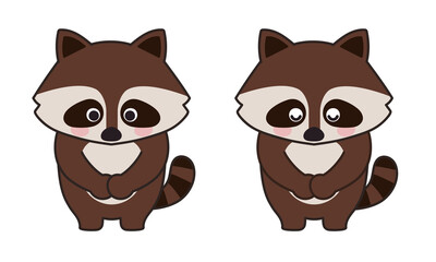 Set of raccoon bowing to someone. Vector illustration isolated on a white background.