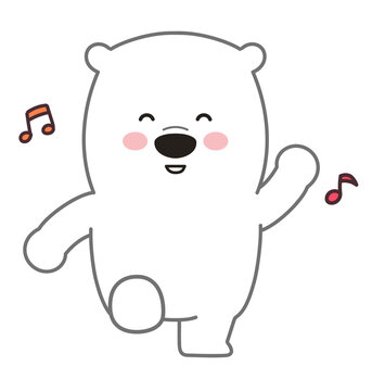 Polar bear dancing happily with musical notes. Vector illustration isolated on a white background.