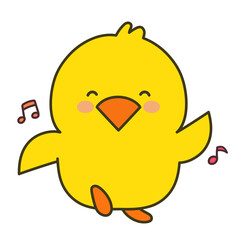 Chick dancing happily with musical notes. Vector illustration isolated on a white background.