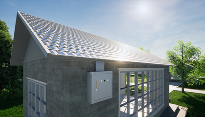 Fototapeta premium 3d rendering of eco house building design and green power energy consist of solar cell or photovoltaic cell in solar shingles and electrical cabinet. System technology for generate electrical power.
