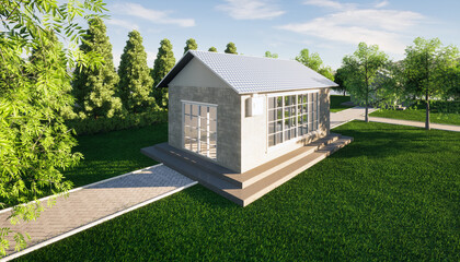 3d rendering of eco house building design and green power energy consist of solar cell or photovoltaic cell in solar shingles and electrical cabinet. System technology for generate electrical power.
