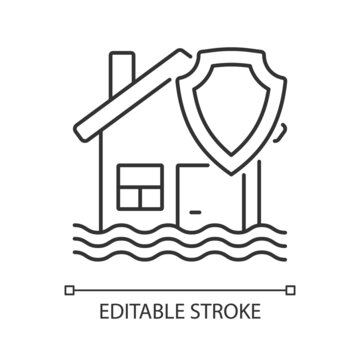 Flood insurance linear icon Insurance at accident caused of weather. Thin line customizable illustration. Contour symbol. Vector isolated outline drawing. Editable stroke. Arial font used