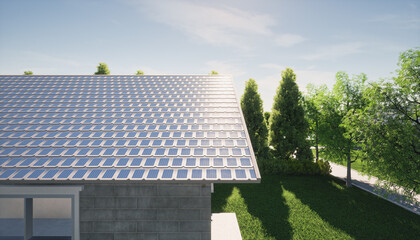 3d rendering of eco house building design and green power energy consist of solar cell or photovoltaic cell in solar shingles. System technology for generate electrical power by sunlight.