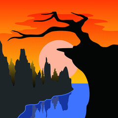 The background illustration depicts a black cliff and an arid tree, suitable for a Halloween vestival background or a suitable background for your business