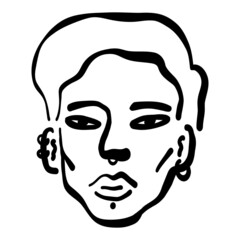 Contemporary Asian American young man with piercing, teenager's art portrait, line art guy's face.