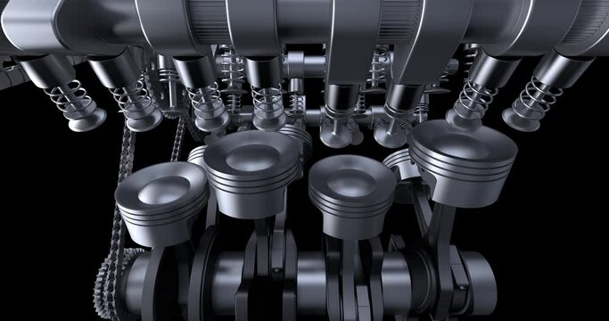 Zooming To Powerful V8 Engine. Crankshaft In Motion. Alpha Luma Channel. Machines And Industry Related 4K 3D Animation.