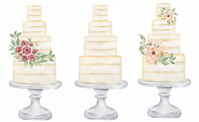 Watercolor Weddin cake with flowers Clipart set, Bakery dessert illustration, Kitchen sweets Food clip art, planner set, wedding, card, logo