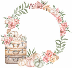 Vintage Flowers and suitcases wreath Clipart, Watercolor Autumn decor frame illustration, Pumpkin border, Thanksgiving Day Clip art, old bags, Card making, Logo design