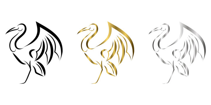 black gold and silver Line art vector logo of heron that is standing.	
