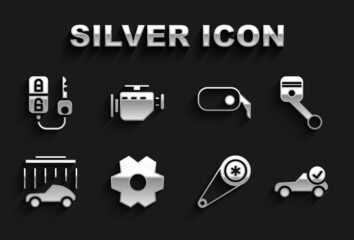 Set Gear, Engine piston, Auto service check automotive, Timing belt kit, Car wash, rearview mirror, key with remote and Check engine icon. Vector