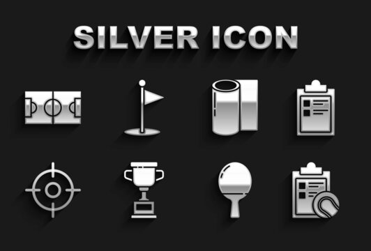 Set Award cup, Sport training program, Checklist clipboard and tennis ball, Racket for playing table, Target sport, Fitness mat roll, Football soccer field and Golf flag icon. Vector