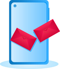 Blue smartphone with two red envelopes with yellow hearts vector illustration