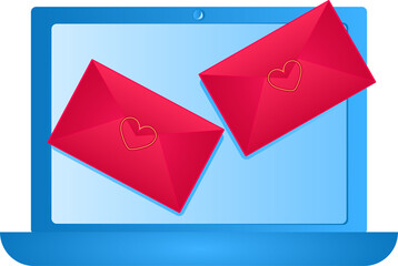 Blue laptop, computer with two red envelopes with yellow hearts vector illustration