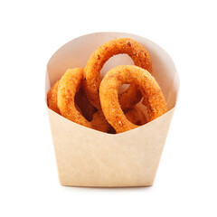 Squid rings in a paper box isolated on white background.