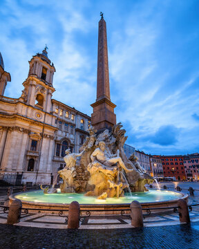 The Sant'Agnese in Agone church and Fontana dei Fiumi, located in Piazza Navona in the morning