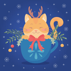 Cute red cat in a cup with spruce branches and christmas balls. Merry christmas and happy new year greeting card, party invitation, sticker, banner or poster. Vector illustration in cartoon style.
