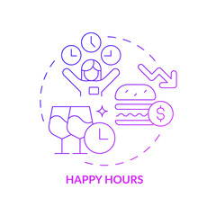 Alcohol discounted price period concept icon. Reduced liquor cost during afternoon abstract idea thin line illustration. Isolated outline drawing. Roboto-Medium, Myriad Pro-Bold fonts used