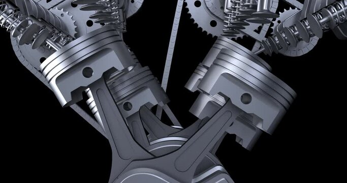 Rotating Powerful V8 Engine Pistons On A Crankshaft. Alpha Luma Channel. Machines And Industry Related 4K 3D Animation.