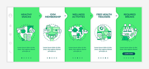 Employee health care perks onboarding template. Free health trackers. Responsive mobile website with linear concept icons. Web page walkthrough 5 step screens. Lato-Bold, Regular fonts used